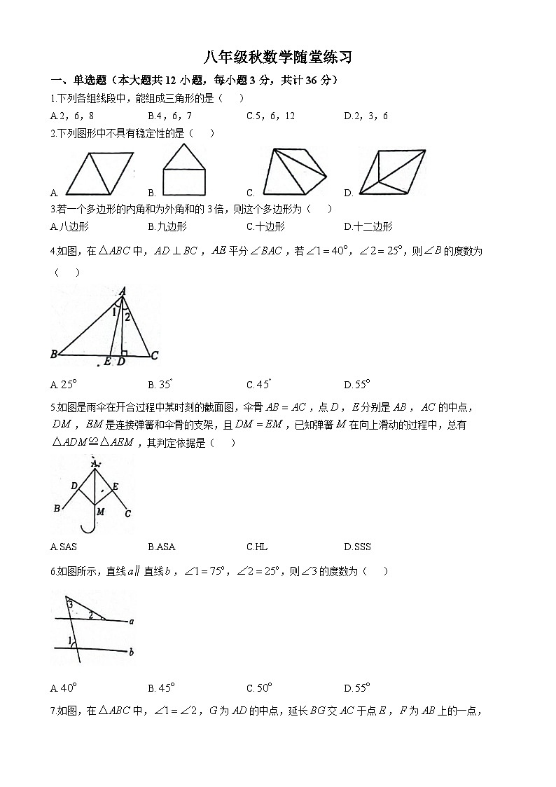 天津市武清区杨村第八中学　 2024-2025学年八年级上学期数学10月月考试卷(无答案)01