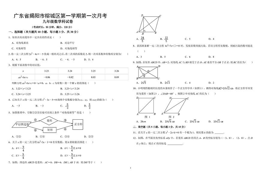 广东揭阳榕城区2025届九年级上学期第一次月考数学试题第1页