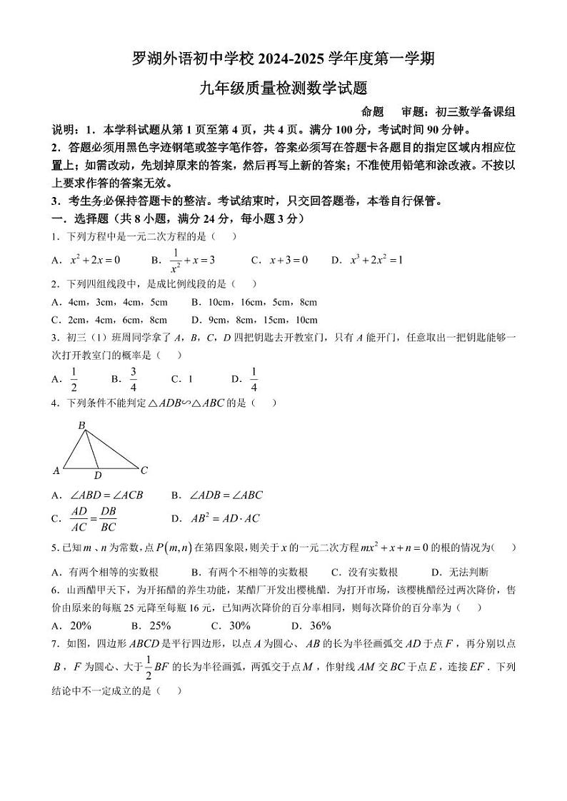 广东深圳罗湖外语初中学校2025届上学期九年级10月月考数学试卷+答案01