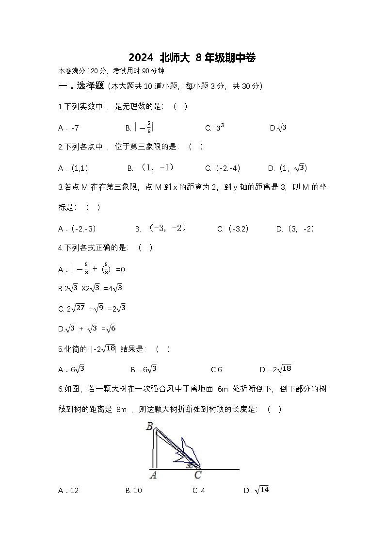 2024--2025学年北师大版八年级数学上册 期中试卷第1页