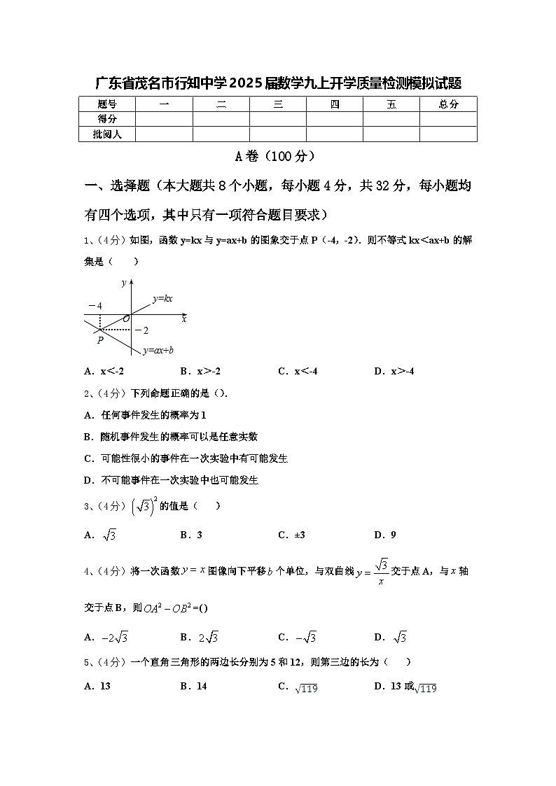 广东省茂名市行知中学2025届数学九上开学质量检测模拟试题【含答案】01
