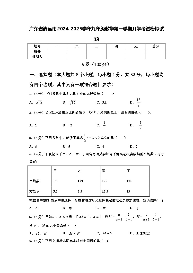 广东省清远市2024-2025学年九年级数学第一学期开学考试模拟试题【含答案】01