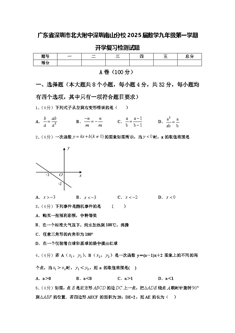 广东省深圳市北大附中深圳南山分校2025届数学九年级第一学期开学复习检测试题【含答案】第1页
