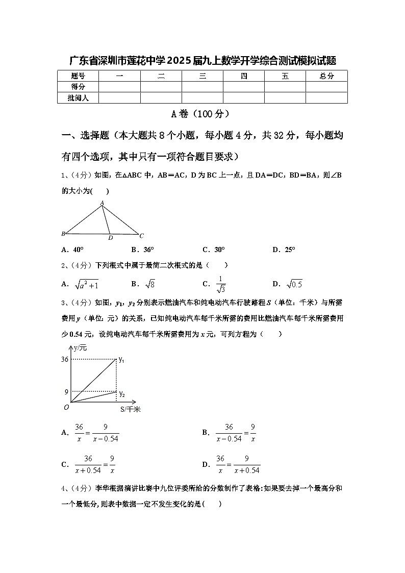 广东省深圳市莲花中学2025届九上数学开学综合测试模拟试题【含答案】01