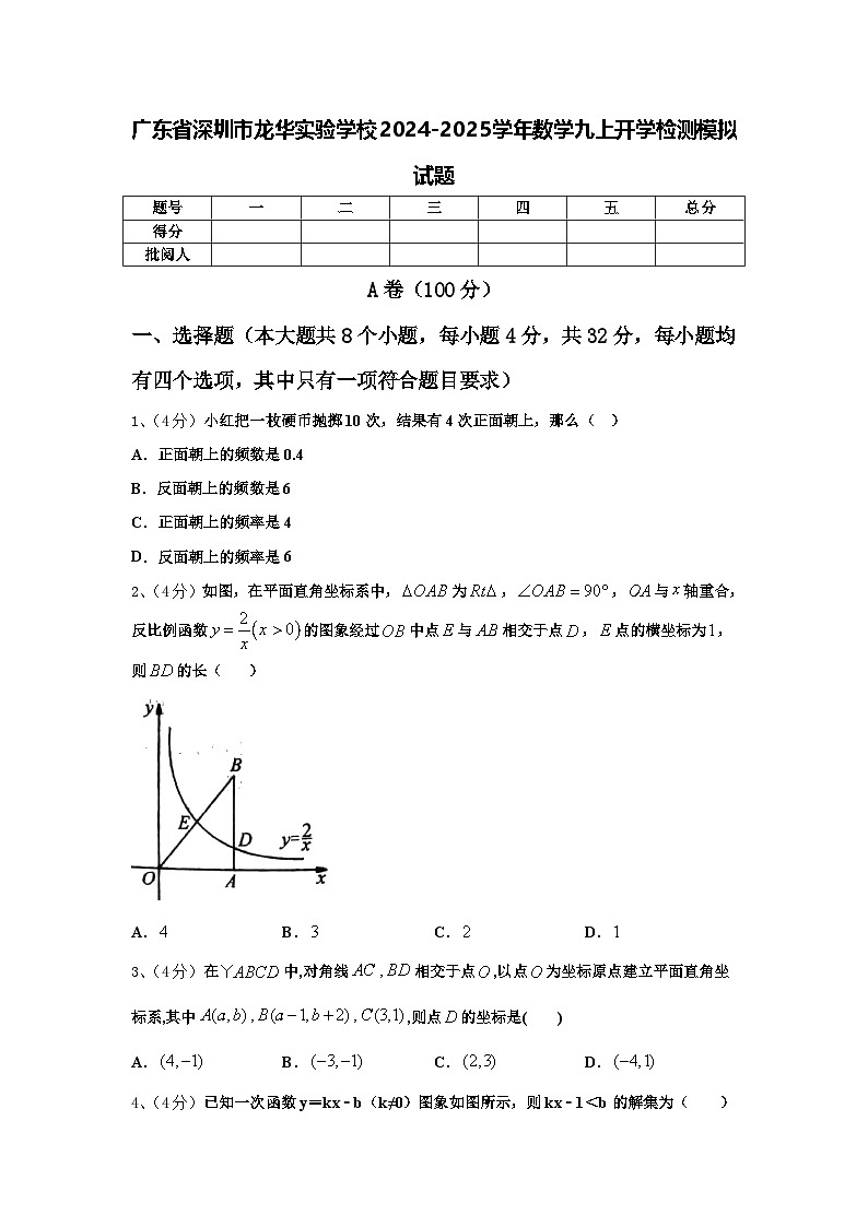 广东省深圳市龙华实验学校2024-2025学年数学九上开学检测模拟试题【含答案】01