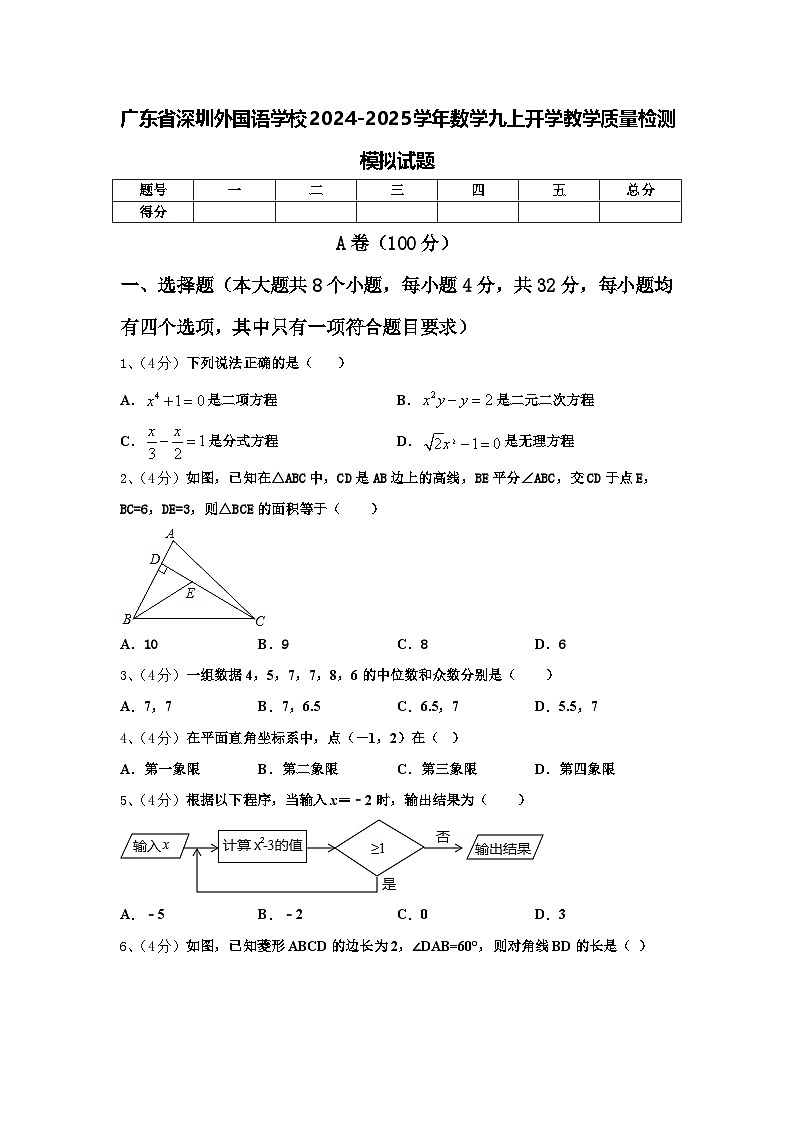 广东省深圳外国语学校2024-2025学年数学九上开学教学质量检测模拟试题【含答案】第1页