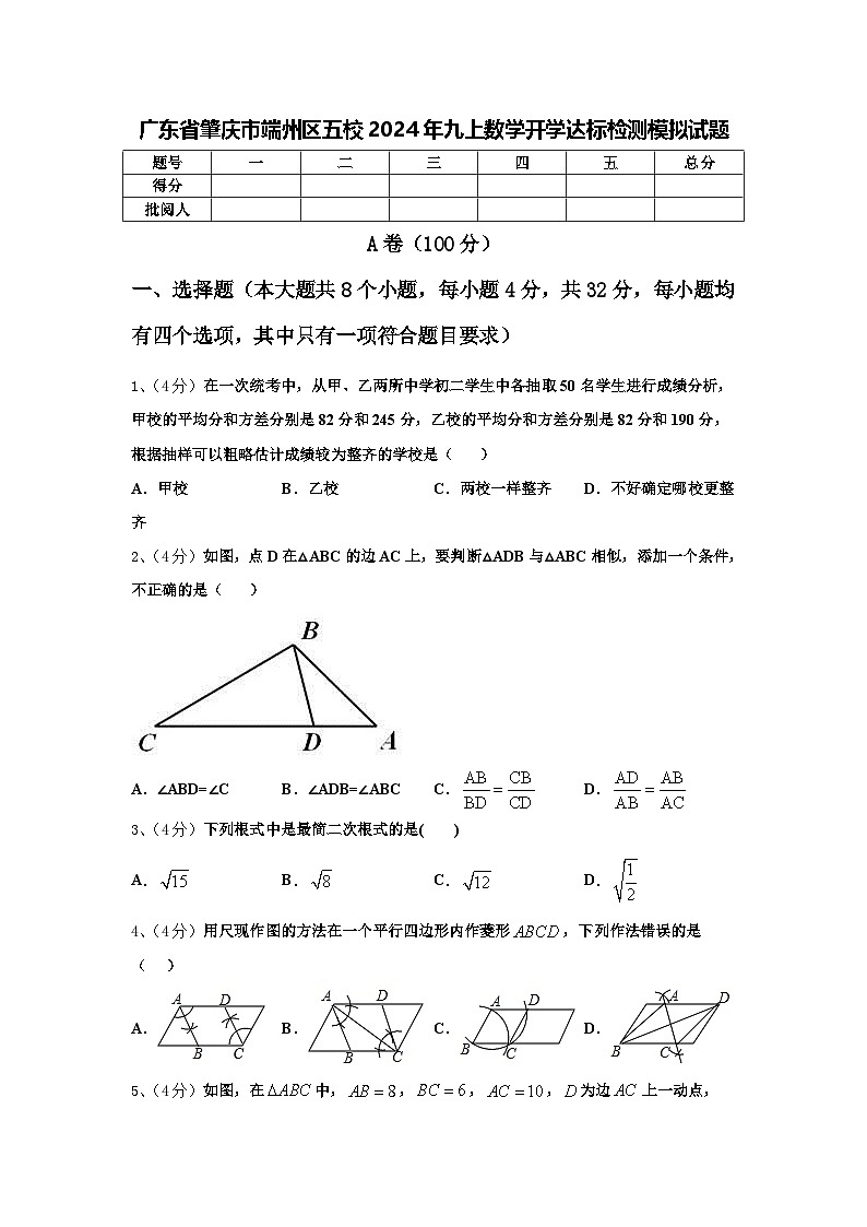 广东省肇庆市端州区五校2024年九上数学开学达标检测模拟试题【含答案】第1页