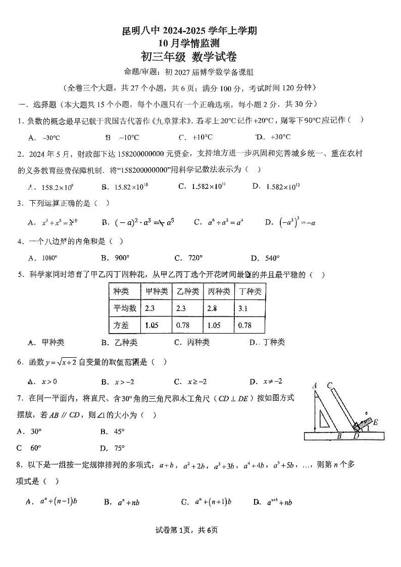云南省昆明市第八中学2024-2025学年七年级上学期10月学情监测初三年级数学试卷01