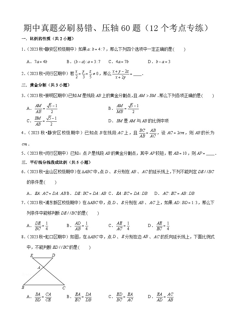 期中真题必刷易错、压轴60题（12个考点专练）（学生版） 2024-2025学年九年级数学上学期期中考点大串讲（沪教版）第1页