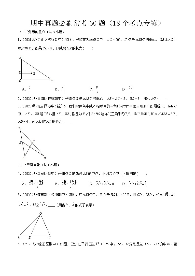 沪教版 九年级  期中真题必刷常考60题（18个考点专练）（学生版） 2024-2025学年九年级数学上学期期中考点大串讲（沪教版）第1页