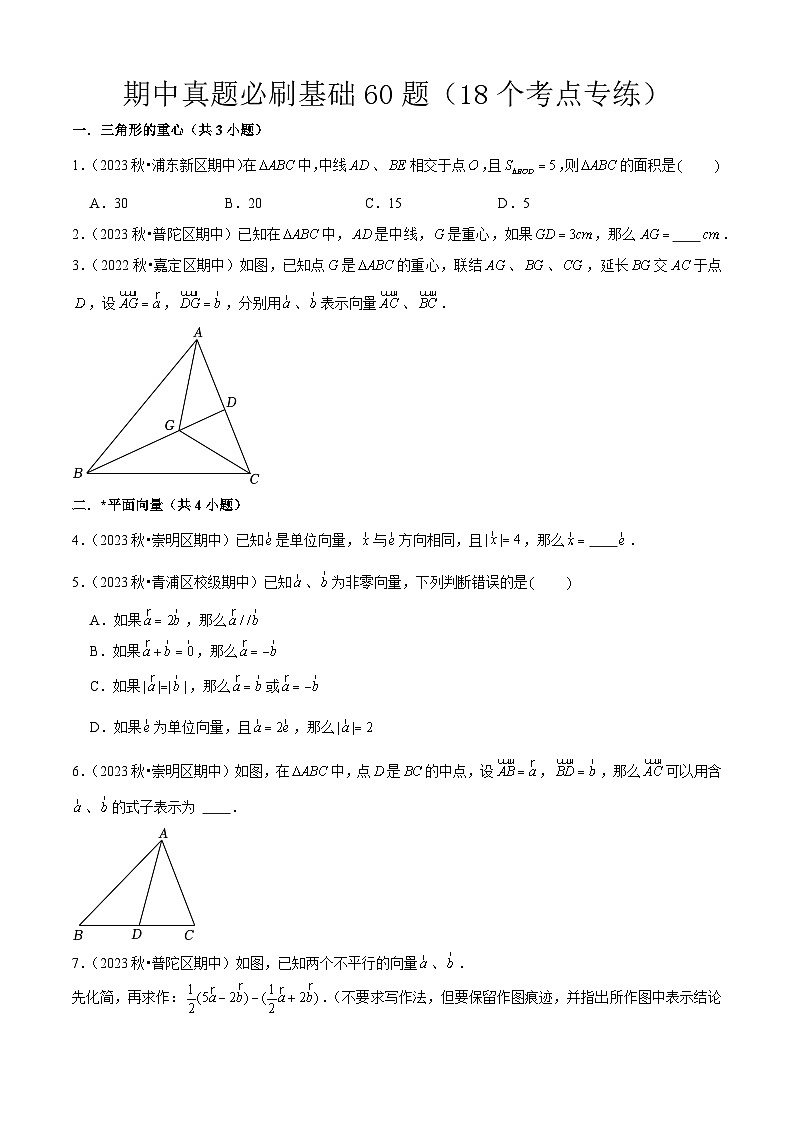 沪教版 九年级 期中真题必刷基础60题（18个考点专练）（学生版） 2024-2025学年九年级数学上学期期中考点大串讲（沪教版）第1页