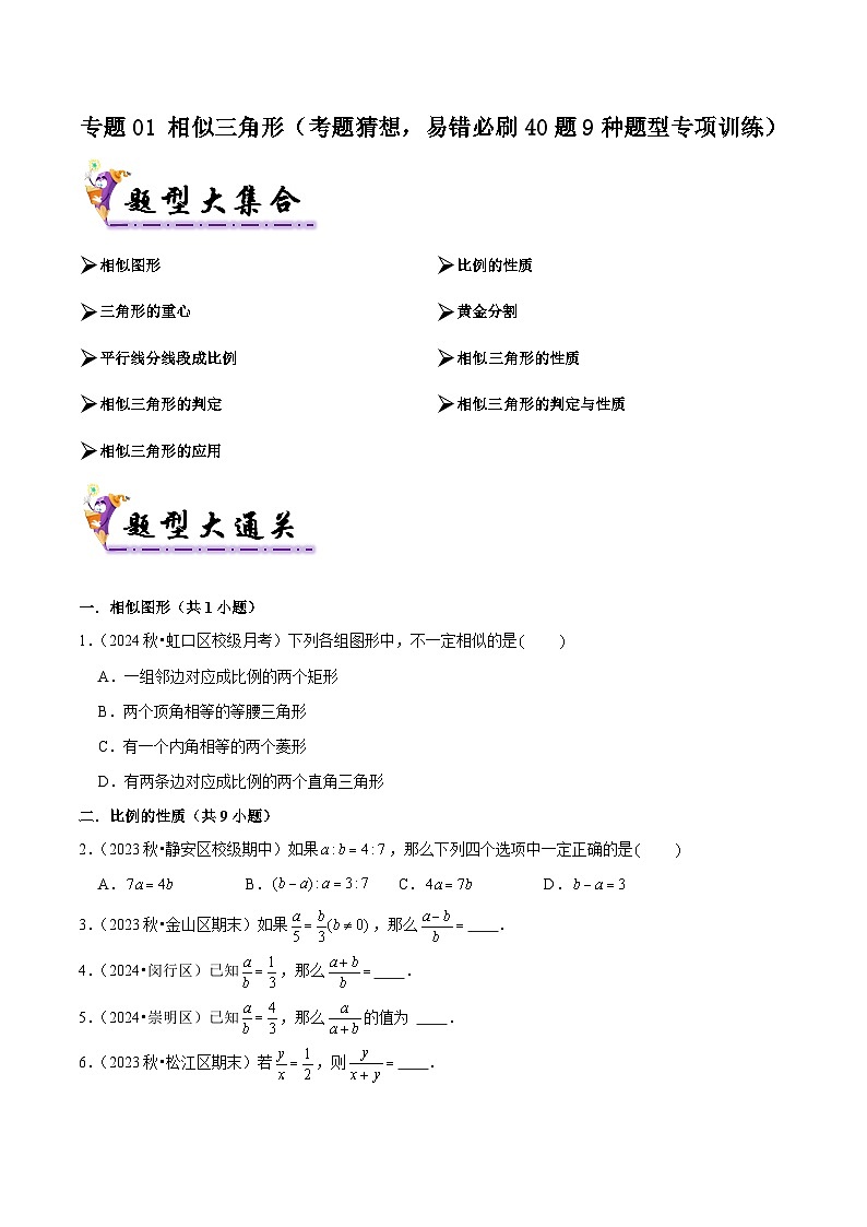 专题01 相似三角形（考题猜想，易错必刷40题9种题型专项训练）（学生版） 2024-2025学年九年级数学上学期期中考点大串讲（沪教版）第1页