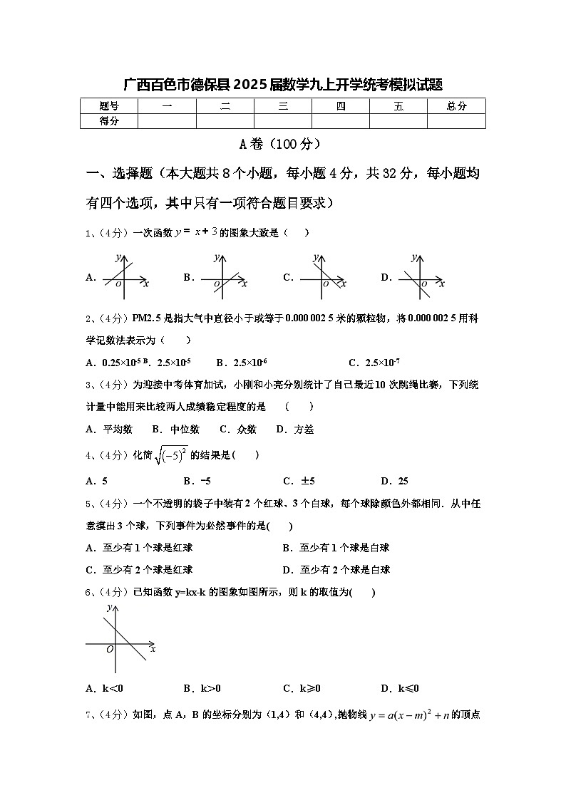 广西百色市德保县2025届数学九上开学统考模拟试题【含答案】01