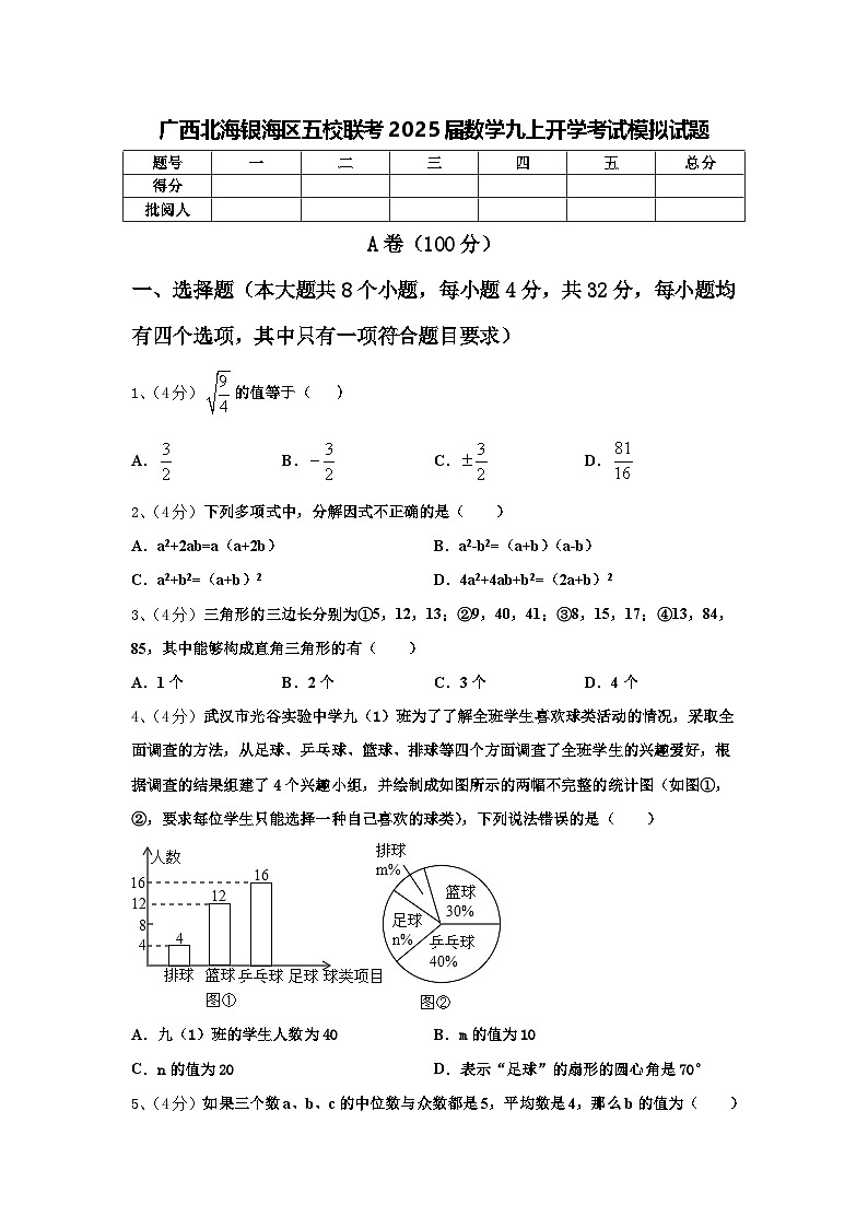 广西北海银海区五校联考2025届数学九上开学考试模拟试题【含答案】第1页