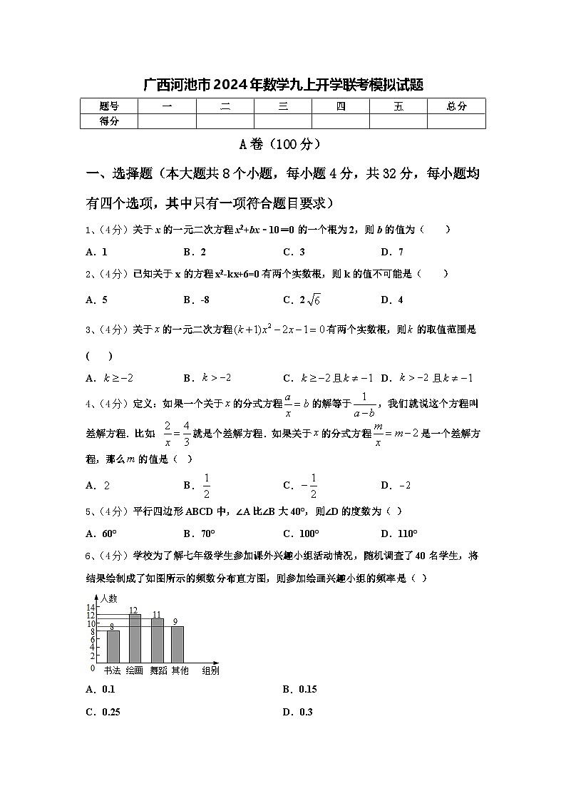 广西河池市2024年数学九上开学联考模拟试题【含答案】01