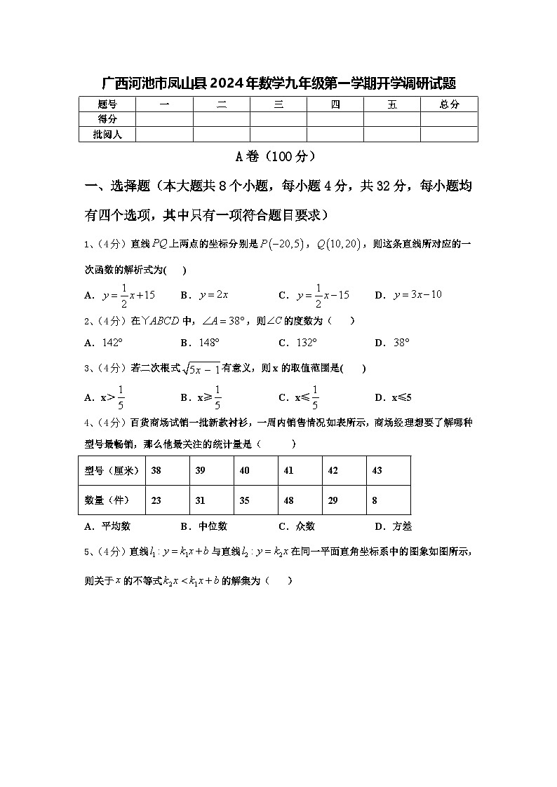 广西河池市凤山县2024年数学九年级第一学期开学调研试题【含答案】第1页