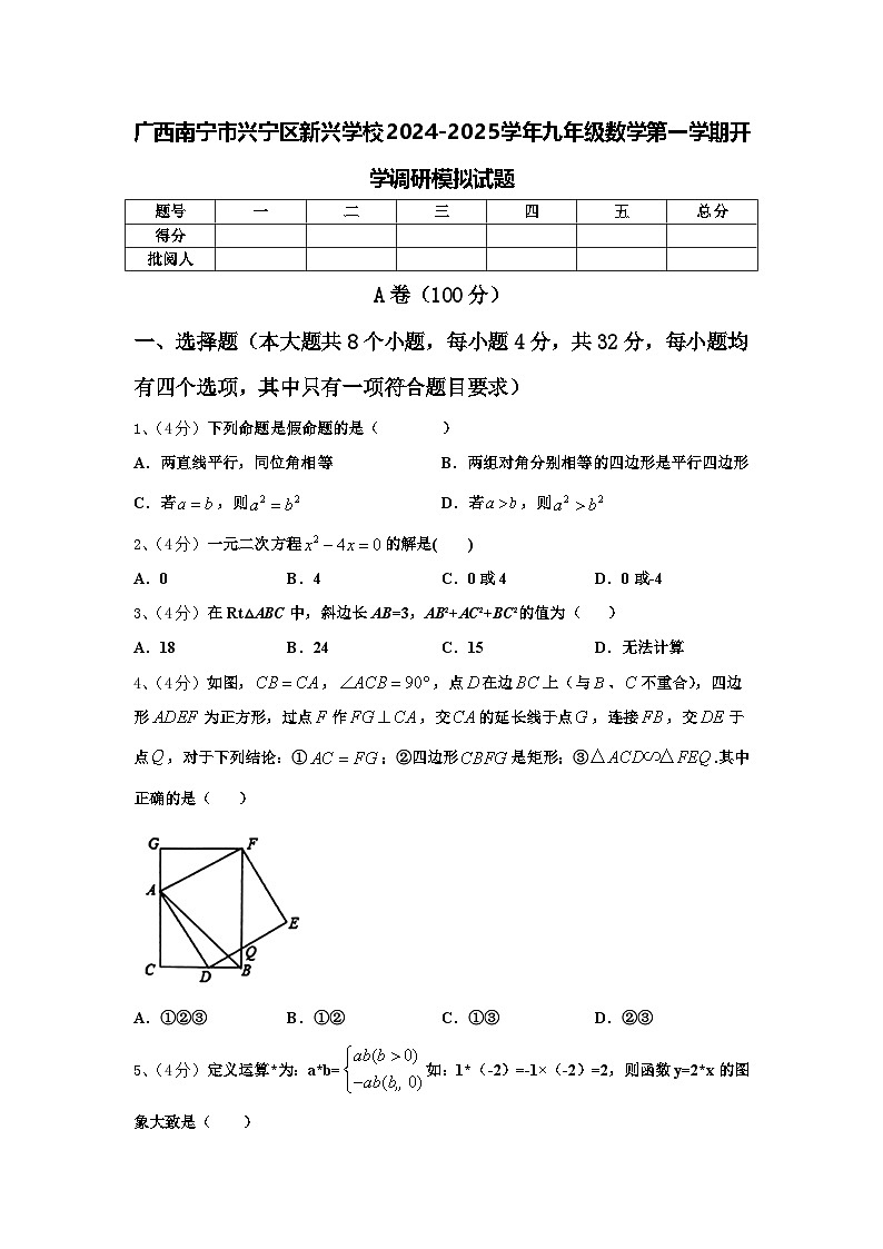 广西南宁市兴宁区新兴学校2024-2025学年九年级数学第一学期开学调研模拟试题【含答案】01