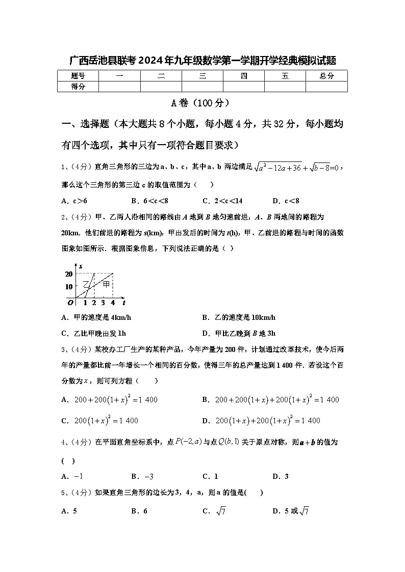 广西岳池县联考2024年九年级数学第一学期开学经典模拟试题【含答案】01