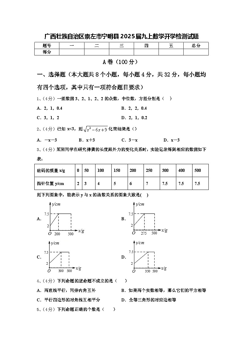 广西壮族自治区崇左市宁明县2025届九上数学开学检测试题【含答案】第1页