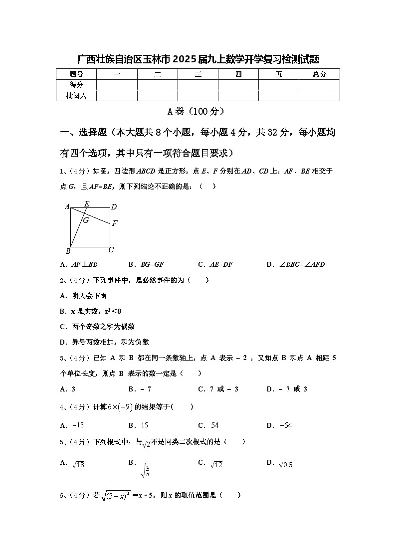 广西壮族自治区玉林市2025届九上数学开学复习检测试题【含答案】第1页