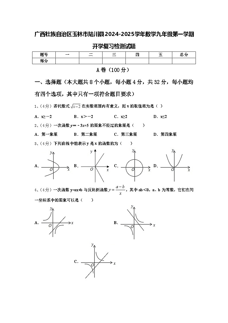 广西壮族自治区玉林市陆川县2024-2025学年数学九年级第一学期开学复习检测试题【含答案】第1页