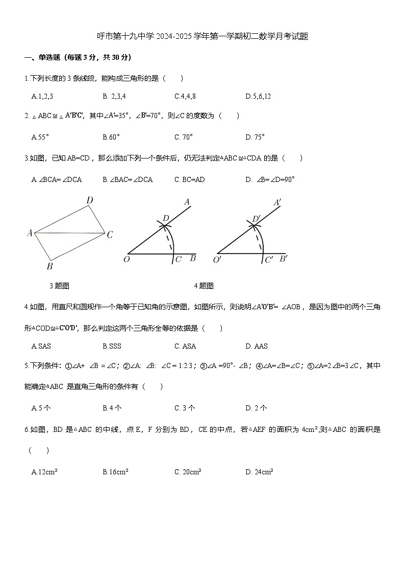 内蒙古自治区呼和浩特第十九中学2024-2025学年上学期八年级数学月考试题01