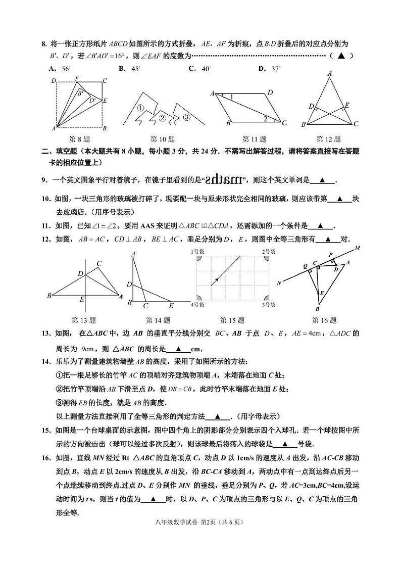 江苏盐城盐都区第一共同体2024年八年级上学期10月月考数学试题（含答案）02