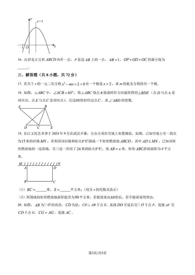 武汉华中师范大学第一附属中学初中部2024-2025学年上学期10月九年级数学试题（原卷版+解析版）03