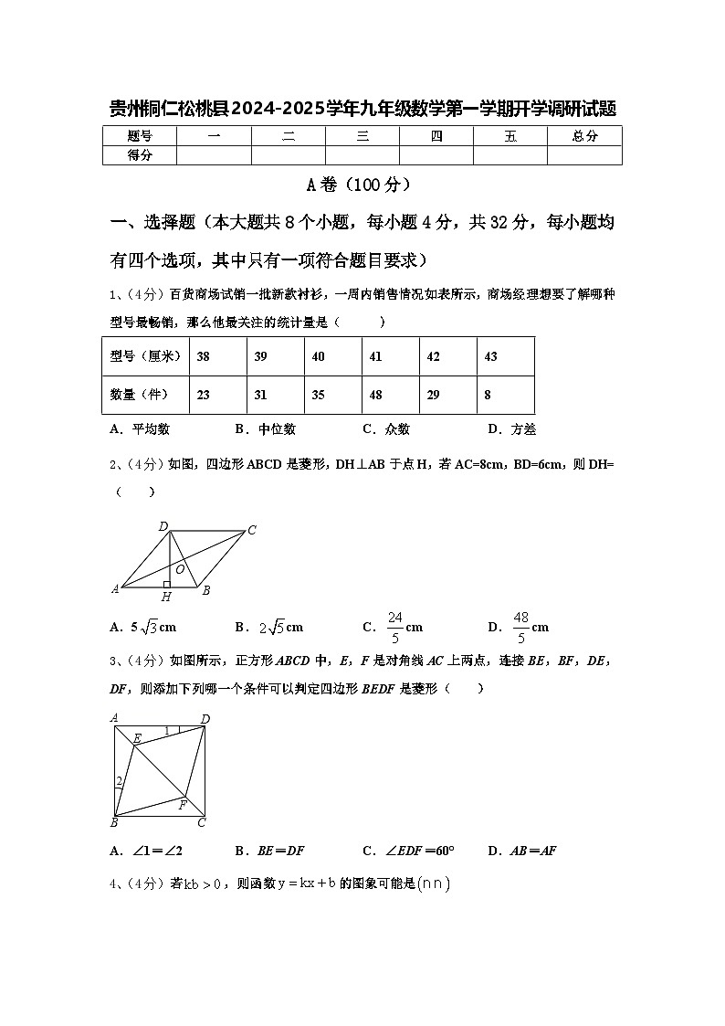 贵州铜仁松桃县2024-2025学年九年级数学第一学期开学调研试题【含答案】第1页