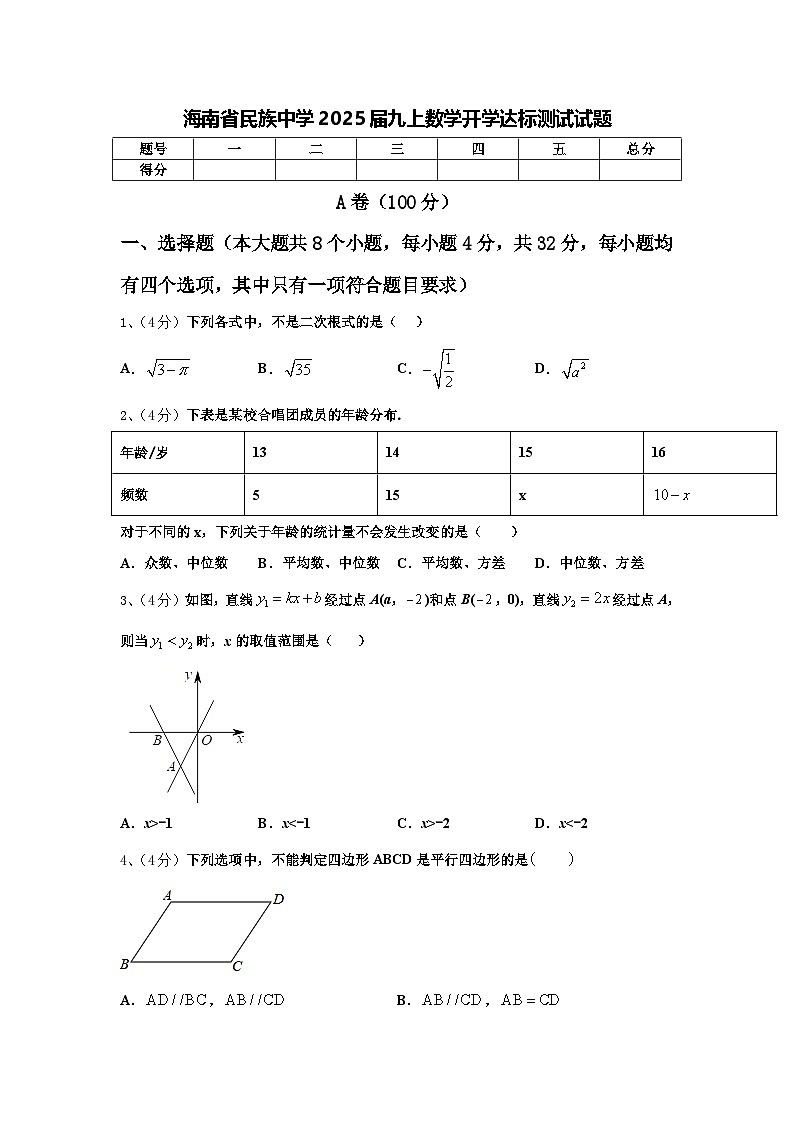 海南省民族中学2025届九上数学开学达标测试试题【含答案】第1页