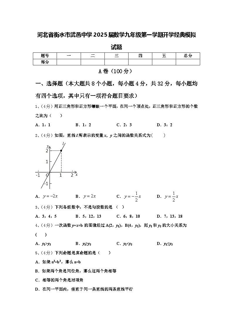 河北省衡水市武邑中学2025届数学九年级第一学期开学经典模拟试题【含答案】第1页
