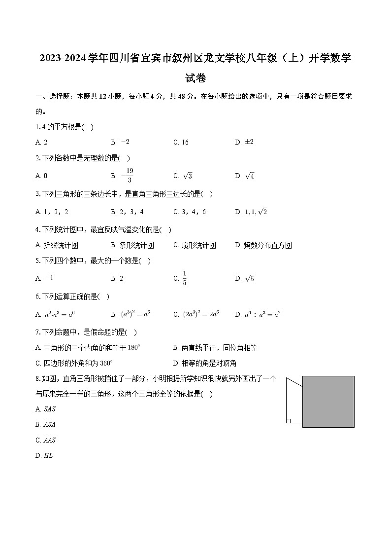 四川省宜宾市叙州区龙文学校2023-2024学年八年级上学期开学数学试卷第1页