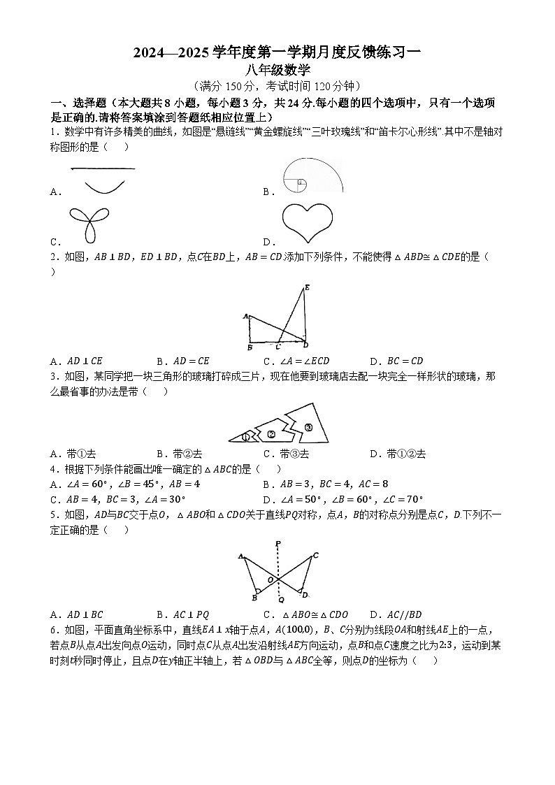 江苏省宿迁市沭阳县南湖初级中学2024-—2025学年八年级上学期第一次月考数学试卷(无答案)第1页