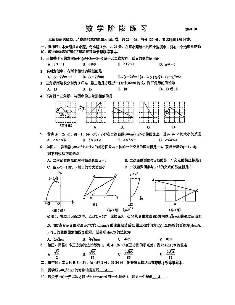 江苏省苏州园区东沙湖学校2024-2025学年九年级上学期10月月考数学试题第1页