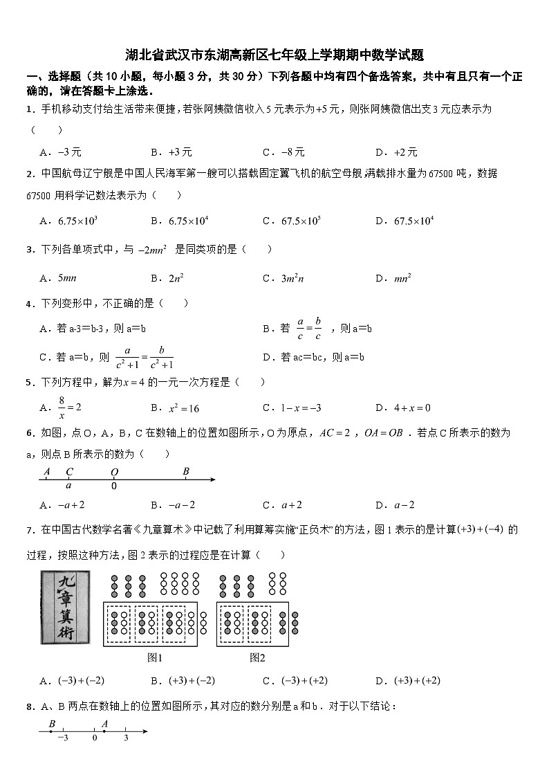 湖北省武汉市东湖高新区2024年七年级上学期期中数学试题【附参考答案】01