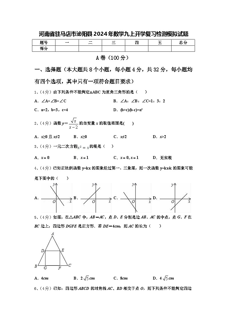 河南省驻马店市泌阳县2024年数学九上开学复习检测模拟试题【含答案】第1页