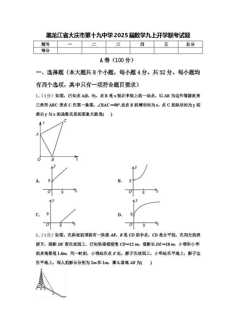 黑龙江省大庆市第十九中学2025届数学九上开学联考试题【含答案】01