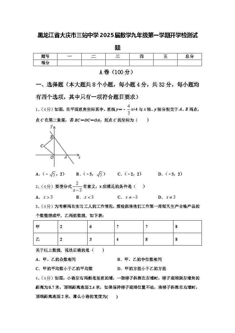 黑龙江省大庆市三站中学2025届数学九年级第一学期开学检测试题【含答案】第1页