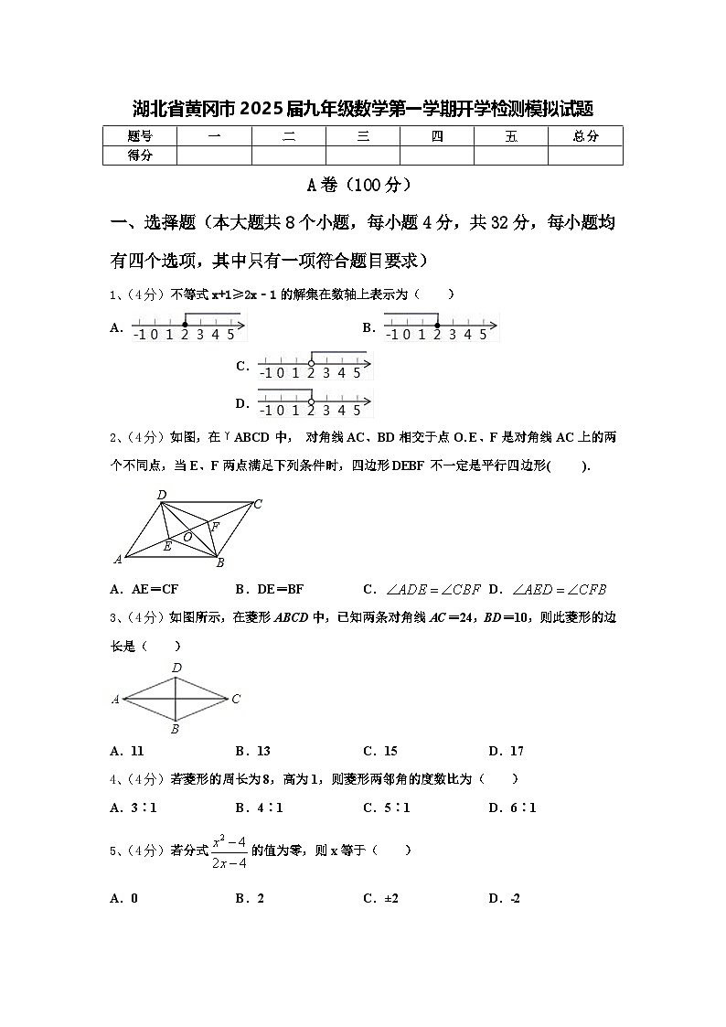 湖北省黄冈市2025届九年级数学第一学期开学检测模拟试题【含答案】第1页