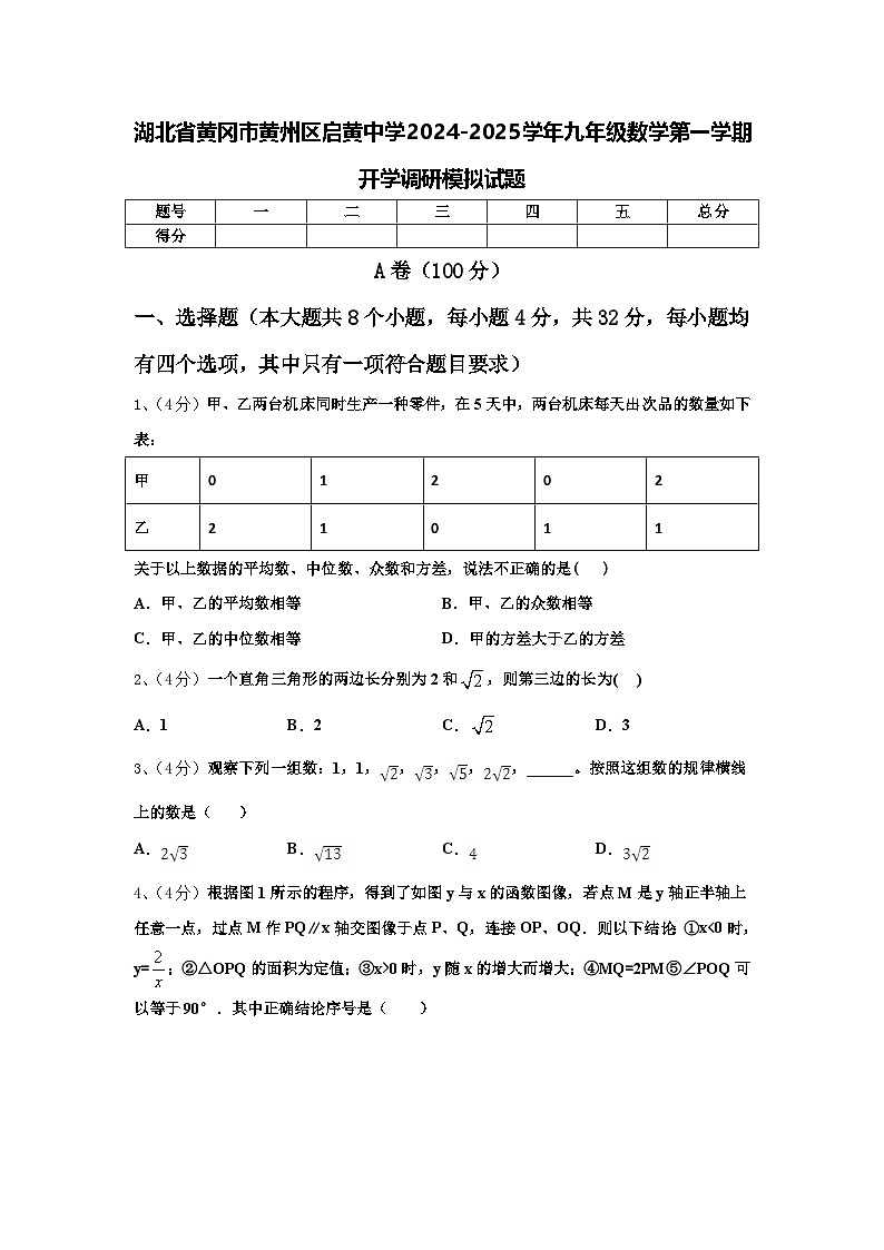 湖北省黄冈市黄州区启黄中学2024-2025学年九年级数学第一学期开学调研模拟试题【含答案】第1页