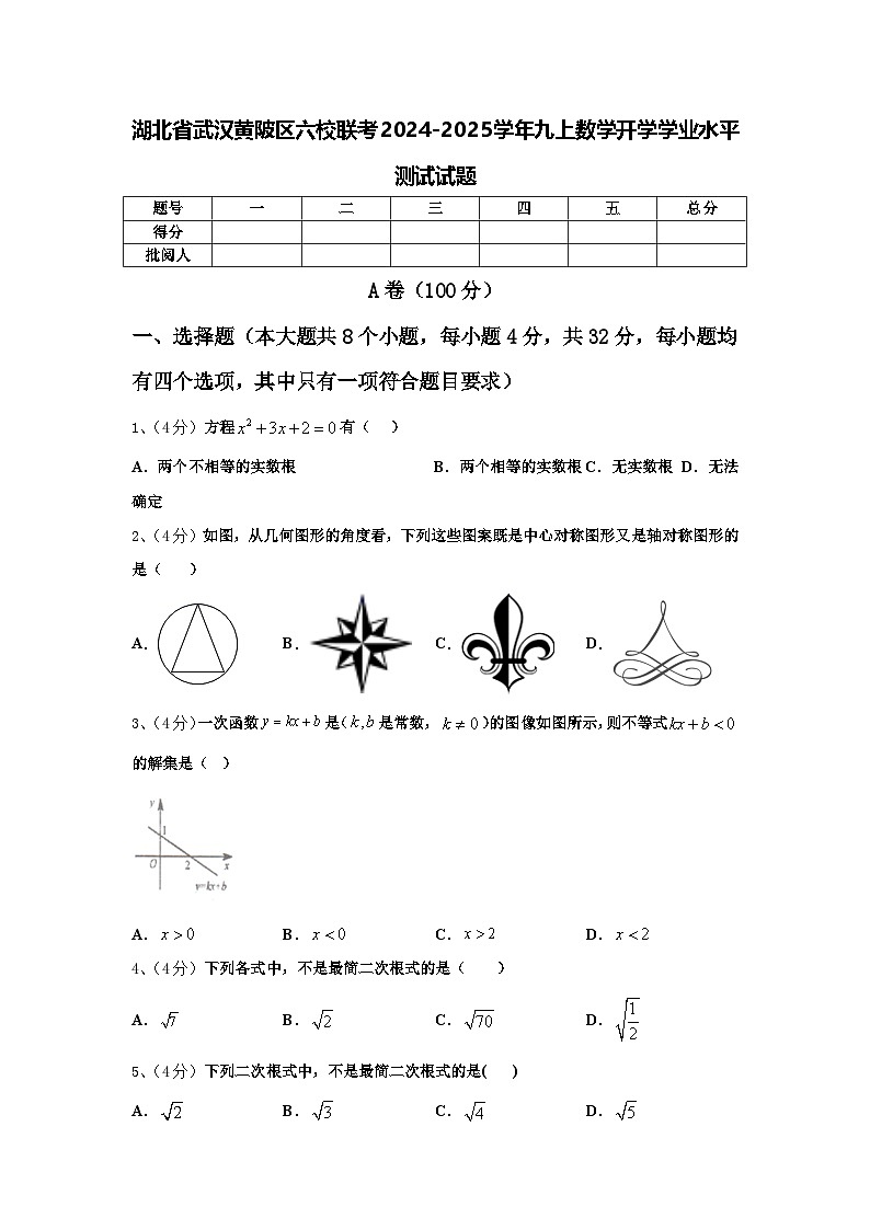 湖北省武汉黄陂区六校联考2024-2025学年九上数学开学学业水平测试试题【含答案】01
