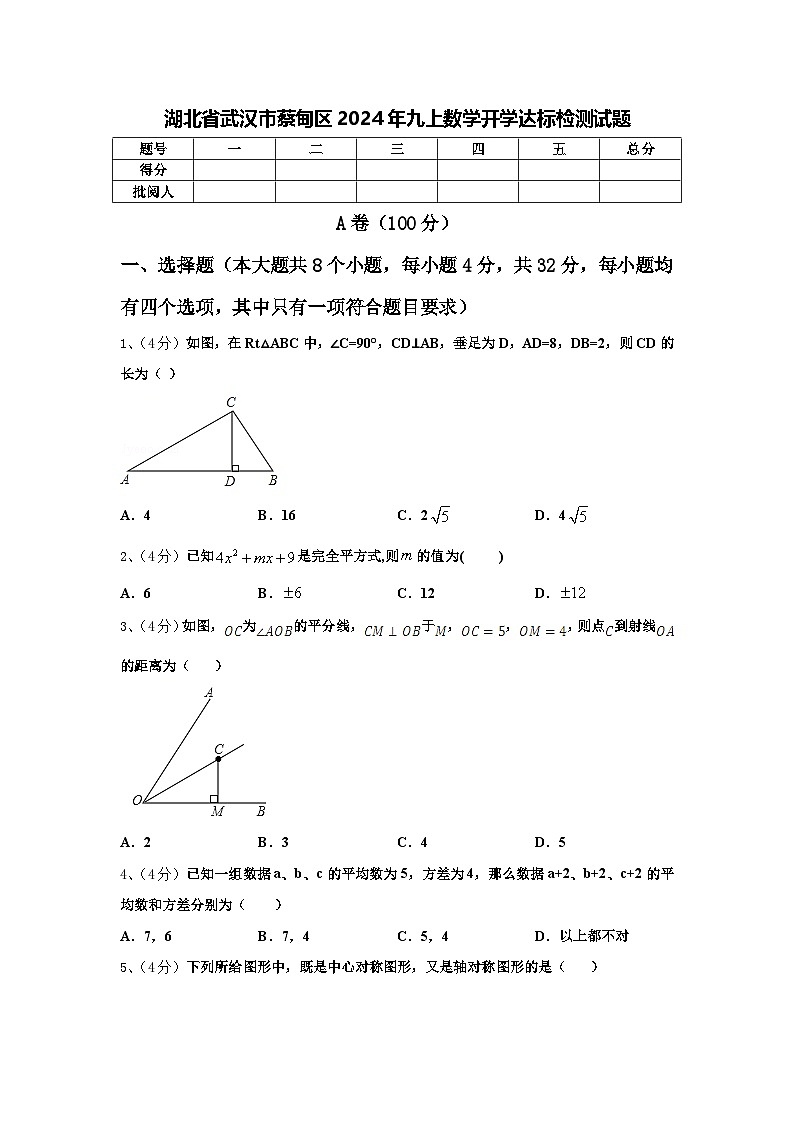 湖北省武汉市蔡甸区2024年九上数学开学达标检测试题【含答案】01