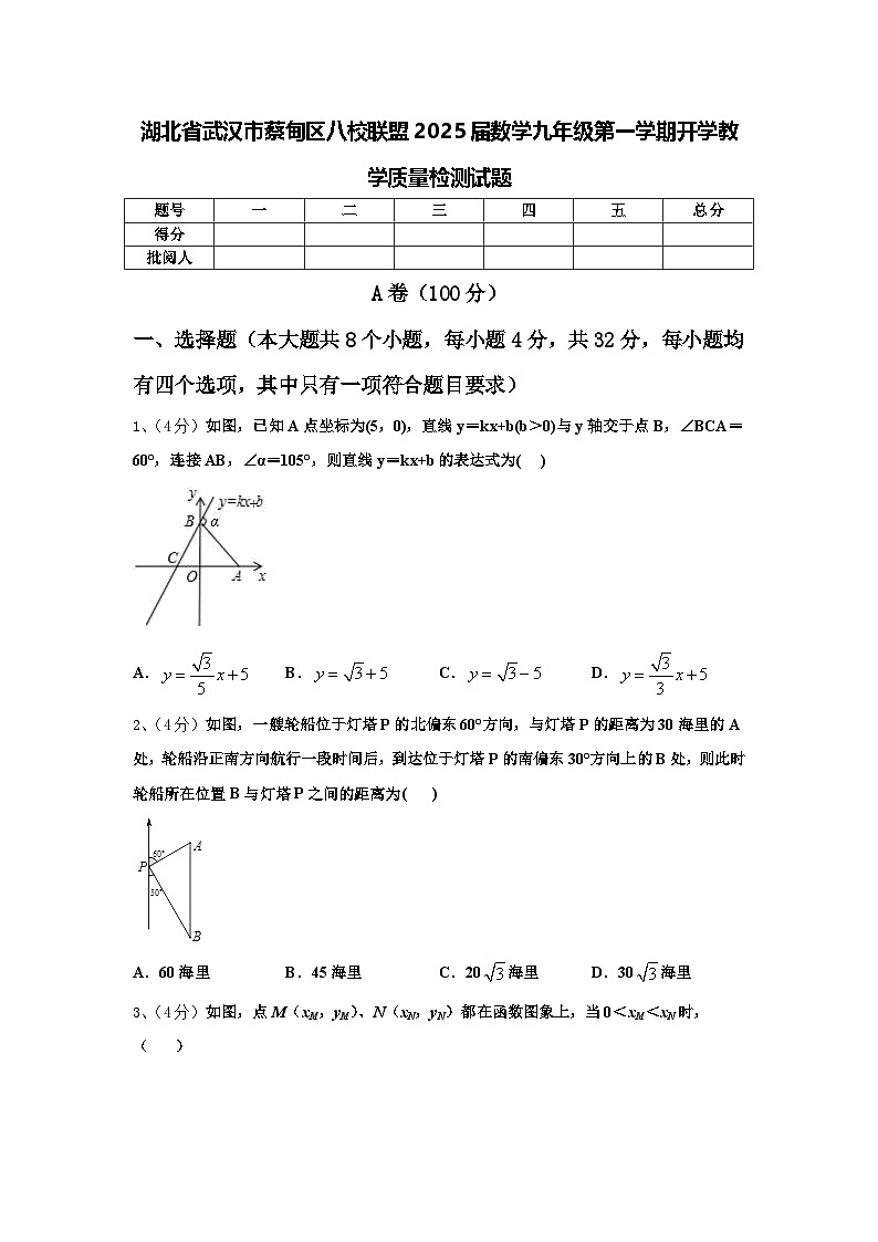 湖北省武汉市蔡甸区八校联盟2025届数学九年级第一学期开学教学质量检测试题【含答案】第1页