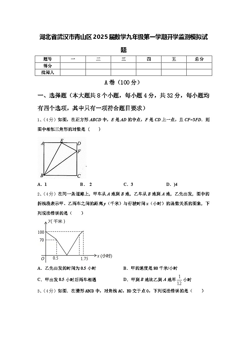 湖北省武汉市青山区2025届数学九年级第一学期开学监测模拟试题【含答案】第1页