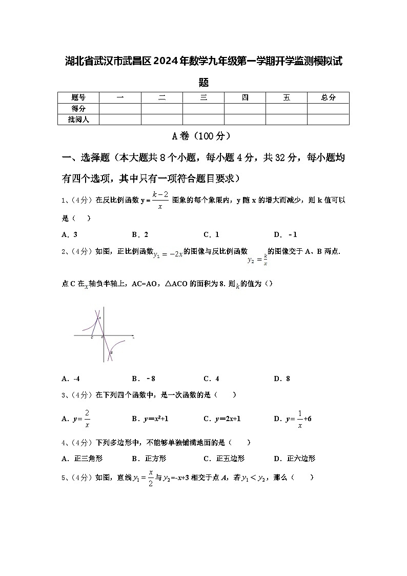 湖北省武汉市武昌区2024年数学九年级第一学期开学监测模拟试题【含答案】第1页