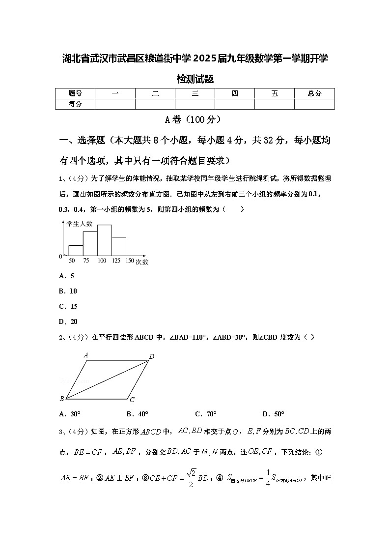 湖北省武汉市武昌区粮道街中学2025届九年级数学第一学期开学检测试题【含答案】第1页