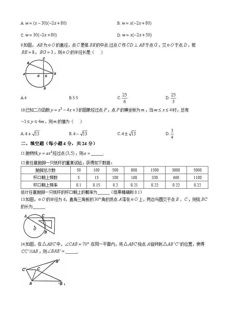 浙江省温州瑞安市安阳实验中学2024—2025学年上学期九年级数学期中模拟卷(无答案)02