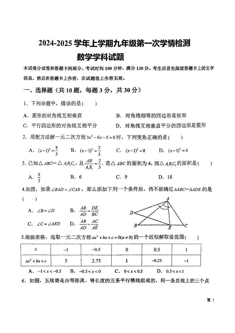 河南省 郑州市第七初级中学 2024-2025学年 九年级上学期10月数学月考卷01