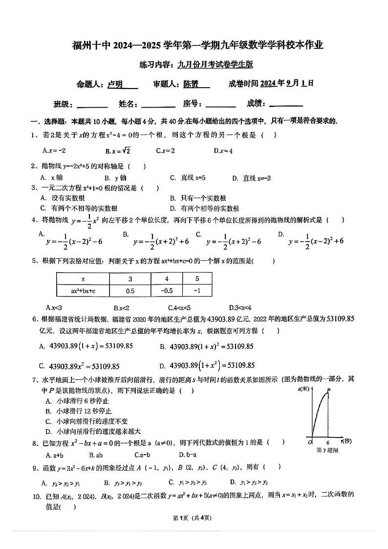 福建省福州第十中学2024-—2025学年上学期九月月考九年级数学试题第1页