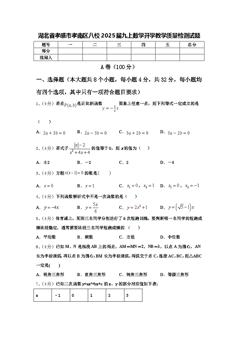 湖北省孝感市孝南区八校2025届九上数学开学教学质量检测试题【含答案】第1页